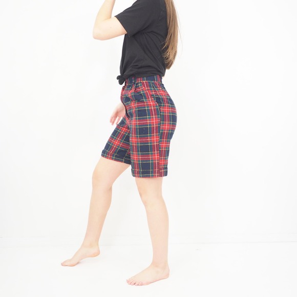 90s Vintage Plaid Wool Tartan Shorts High‎ Waisted Long Inseam Size 2/3 - Picture 3 of 8